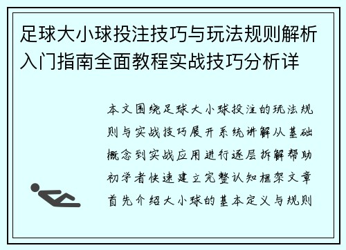 足球大小球投注技巧与玩法规则解析入门指南全面教程实战技巧分析详